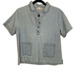 Hem & Thread Shirt Top Cotton Chambray Polka Dot Womens Medium Short Sleeve Blue